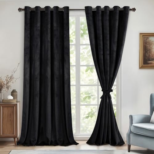 DWCN Extra Wide Velvet Curtains 96 inches - Black Blackout Bundleable Heavy Duty Thermal Insulated Energy Efficiency Grommet Window Panels for Bedroom/Living Room Backdrop Decor, W60 x L96, 2 Panels