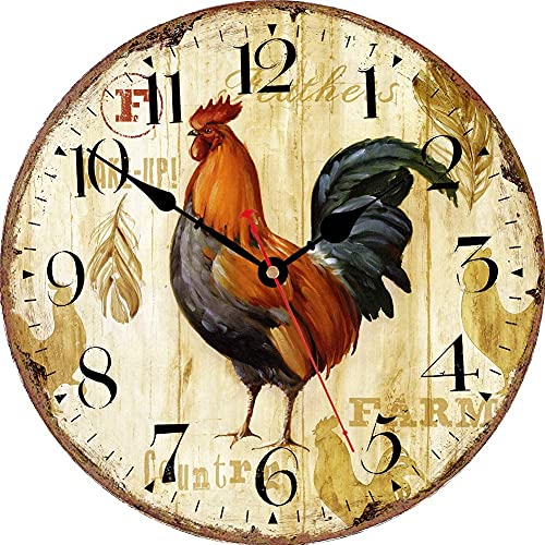 VIKMARI Home Arabic Numerals Wall Clock, Rustic Rooster Style, Silent Non-Ticking Quartz Wooden Clock, 14 Inch Art Wall Decorative Large Wall Clock for Living Room,Bedroom,Kitchen and Office