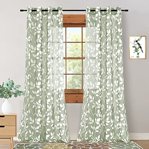 XTMYI 108 Inches Long Sheer Curtains for Living Room 2 Panels Set,Grommet Boho Leaf Floral Pattern Extra Long 9FT High Ceiling to Floor Length Curtains for Tall Large Window,Sage Green and White