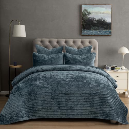 "PHF Luxury Velvet Quilt Set Twin Size ??? 2PCS Ultra Soft with Striped Channel, Cozy Quilted Bedspread, Quilted Comforter Alternative, 1 Coverlet with 1 Matching Sham, 68"" x 92"", Stormy Blue"