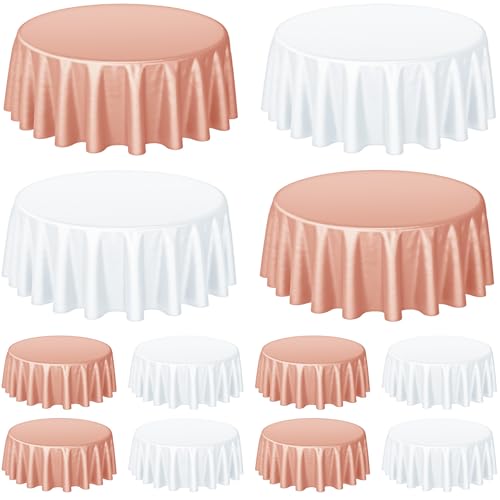 Buryeah 12 Pcs 84 Inch Rose Gold and White Round Plastic Table Cloth Waterproof Tablecloth Circle Table Covers for Valentine's Day Wedding Birthday A Tini Bit Older Party Gender Reveal Baby Shower
