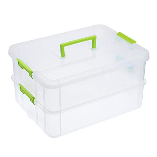 BTSKY 2 Layer Stack & Carry Box, Plastic Multipurpose Portable Storage Container Box Handled Organizer Storage Box for Organizing Stationery, Sewing, Art Craft, Jewelry and Beauty Supplies Green