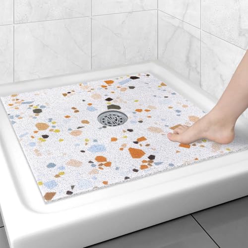 Square Shower Mat Non Slip: 27x27 Inch Shower Floor Mat with Drain Hole in Middle, Super Soft and Comfortable PVC Loofah Massage Bath Mat for Shower, Anti Slip Shower Stall Mat, Quick Drying