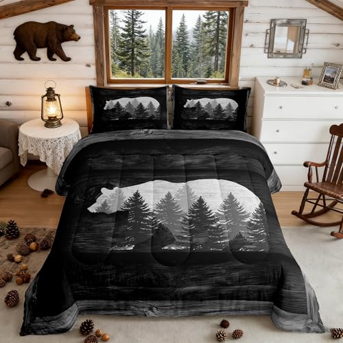 Castle Fairy Lodge Cabin Comforter Set Gray Bear Pine Tree Silhouette Pattern Quilted Duvet with 2 Pillowcases+1 Wild Animal Western Jungle Style Bedding for Teens Adults Queen Size 3 Pcs