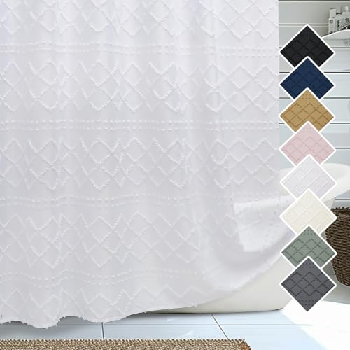 Lecloud White Boho Shower Curtains 72x84 Inches, Modern Plaid Stripes Cloth Shower Curtain for Bathroom, Chic Tufted Textured Jacquard Shower Curtains, Farmhouse Fabric Shower Curtains