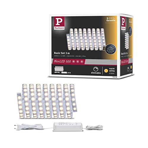 Paulmann 70666 MaxLED 500 LED Strip Basic Set 3 m LED Strip 2,700 K Warm White Lighting Strip Coated Light Strip 20W 1650 lm 230/24 V 36 VA