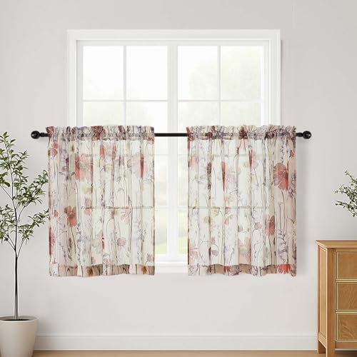 "Lecloud Crushed Short Sheer Curtains 24 Inch Length 2 Pcs, Printed Cafe Kitchen Curtains for Small Windows, Rod Pocket Half Curtain Tiers for Bedroom Living Room Bathroom, 42"" W x 24"" L"