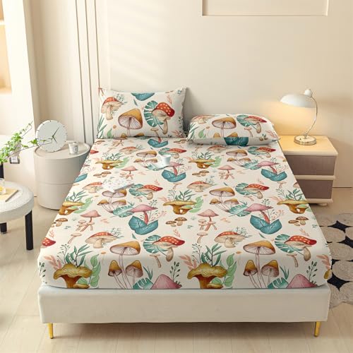 LweiPsqLin Full Size Fitted Sheet - Mushroom Brushed Microfiber Bed Sheet with 15 Inch Deep Pocket Elastic Edges - Shrink & Fade Resistant, Botanical Print Bedding