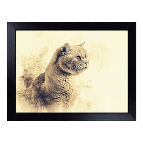 Lap Tray with Bean Bag Cushion, Scottish Fold Cat Illustrated - Handmade in the UK, Raised Wooden Edge, Padded Cushion, Heat-Resistant Wipe-Clean Surface, for Meals, Laptops and Crafts