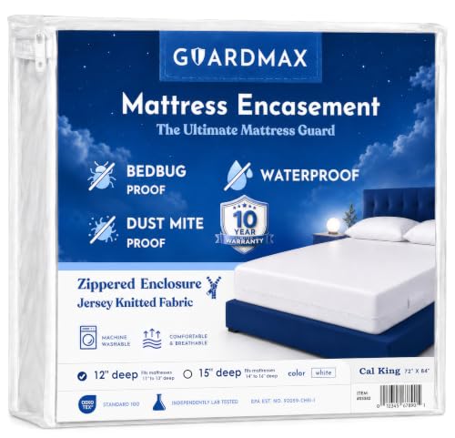 Guardmax California King Mattress Protector Cover Zippered, 100% Waterproof Bed Bug Encasement, Hypoallergenic Cal King Size (72x84x11)