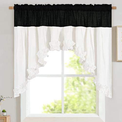 "Likiyol Linen Swag Curtains Farmhouse Ruffle Valances for Windows Rustic Country Window Valances Light Filtering Kitchen Curtains Rod Pocket Valance for Bathroom Cafe, Black White, 60"" W x 36"" L"