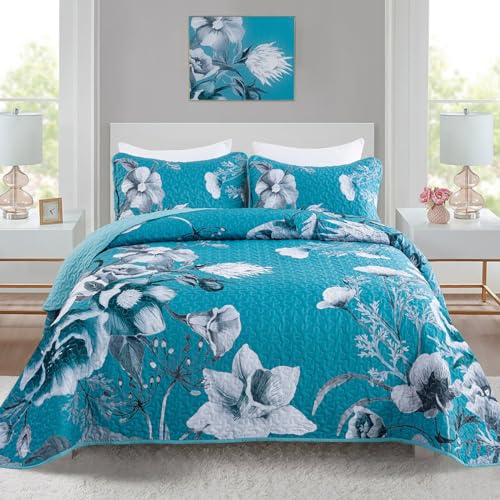 "Floral Quilt Set Queen 3 Pieces Teal Blue Floral Quilt Coverlet Set Soft Microfiber Lightweight Teal Blue Quilted Bedspread for All Season 90""x96"""
