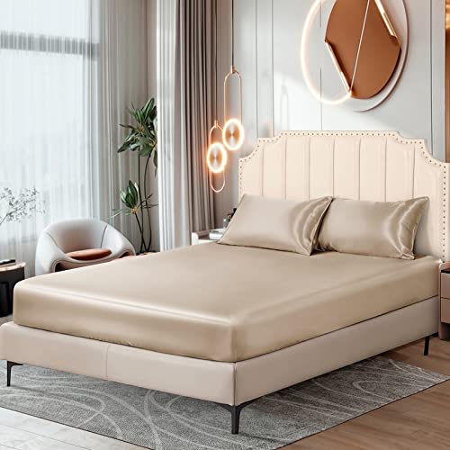 Ersmak Satin Fitted Sheet Only, Luxury Silky Queen Fitted Sheet Ultra Soft Deep Pocket Bottom Sheet, Wrinkle & Fade Resistant - Beige