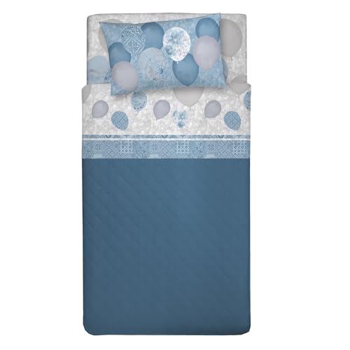 PENSIERI DELICATI Single Bed Sheet Set, 100% Cotton, 90 x 200 cm Single Bed Sheet Set, Includes Bottom Sheet, Top Sheet and 1 Pillowcase, Made in Italy, Light Blue Balloons Pattern