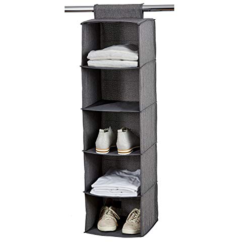 Love IT Store IT Premium Hanging Shelf for Clothes Rail - Wardrobe Organiser Made of Linen - Sturdy, Reinforced Shelves - 5 Compartments - Grey - 30 x 30 x 100 cm