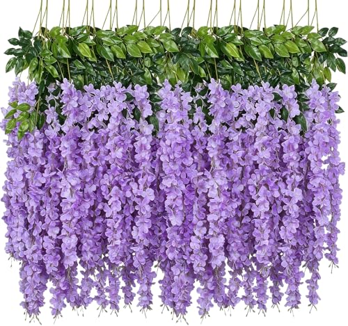 WEISPARK Fake Hanging Flowers - 12 Pieces 3.75 Feet/Piece Artificial Wisteria Vine Ratta Hanging Garland Silk Flowers for Home Party Wedding Decor (Light Purple)