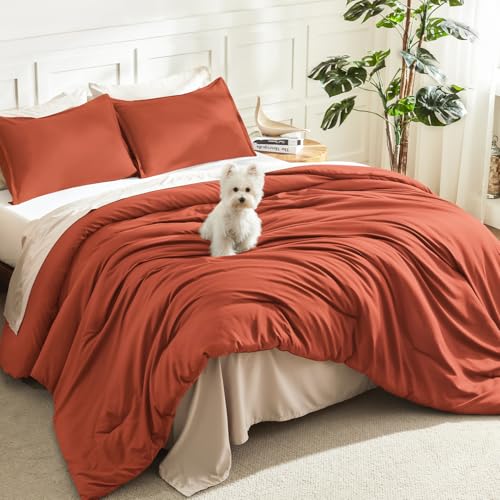 Litanika Burnt Orange Full Bed Comforter Set, 3 Pieces Terracotta Boho Lightweight Solid Bedding Comforter Set, All Season Fluffy Bed Set (79x90In Comforter & 2 Pillowcases)
