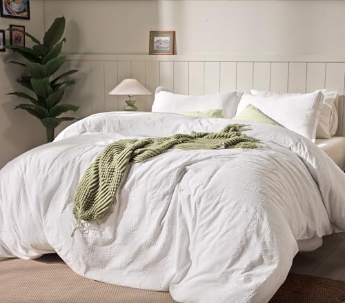 Ruvanti 100% Cotton Waffle Duvet Cover King Size Set, 3 Pieces, Coconut White, Ultra Soft Pre-Washed Bedding, Breathable Comforter Cover Set 8 Corner Ties, Button Closure