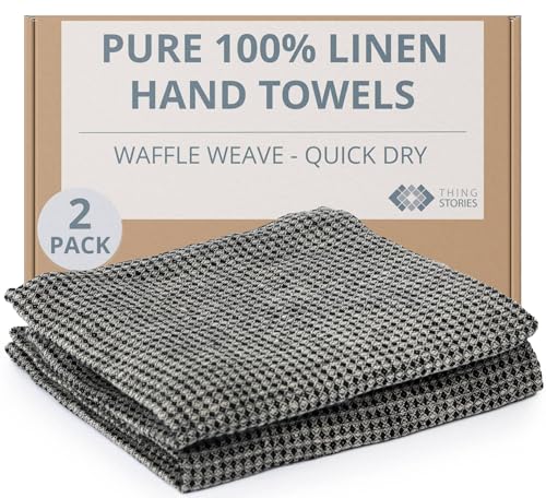 Thing Stories Pure 100% Linen Hand Towels - Set of 2 Linen Kitchen Towels Waffle Weave Black-Natural - 13 x 29-inch Soft Lightweight Stone-Washed Dish Towels - Quick-Dry Tea Towel - Kitchen Linens