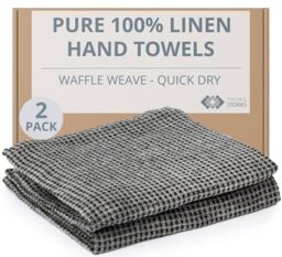 Thing Stories Pure 100% Linen Hand Towels - Set of 2 Linen Kitchen Towels Waffle Weave Black-Natural - 13 x 29-inch Soft Lightweight Stone-Washed Dish Towels - Quick-Dry Tea Towel - Kitchen Linens