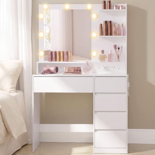 VASAGLE Dressing Table with Lighted Mirror, Makeup Desk with Charging Station, 3 Colour Lighting Modes, 5 Drawers, 80 x 40 x 144.3 cm, for Bedroom, Cloud White, KAILYN Collection RDT241WB02