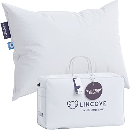 Lincove Signature 100% Canadian White Down Pillow - Luxury Sleeping Pillow for Back, Stomach & Side Sleepers - 800 Fill Power Bed Pillow, 500 Thread Count, Made in Canada, Standard - Firm, 1 Pack