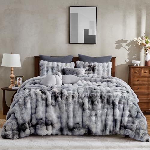 Wonderful 3 Pieces Fluffy Faux Rabbit Fur Bubble Comforter Set King Size, Tie-Dyeing Multiple Grey Plush Fuzzy Bedding Set, Warm Soft Bubble Comforter Bedding Set for Winter