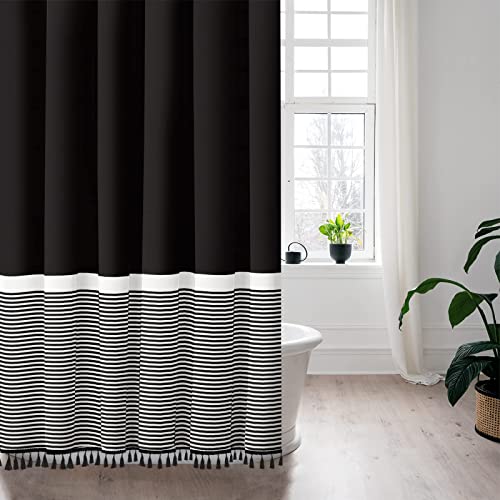 Seasonwood Boho Shower Curtain Black and White Fabric Shower Curtain with Black Tassels Modern Farmhouse Waterproof Shower Curtains for The Bathroom Decor 72 x78 inch