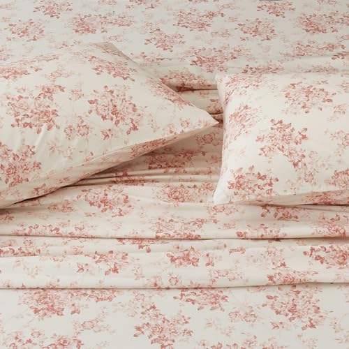 DAUAOTO 100% Cotton Bed Sheets Set Twin Size Printed Bedding Sets, Up to 14'' Deep Mattress, Toile Rose Floral Pattern Bedlinen Set, Pale Red