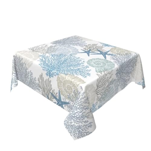 Summer Coastal Tablecloth 60x60 Inch Square Waterproof Rustic Blue Ocean Coral Starfish Seashell Print Table Cloths Fabric Farmhouse Beach Table Cover Decorative for Picnic Party Holiday Home