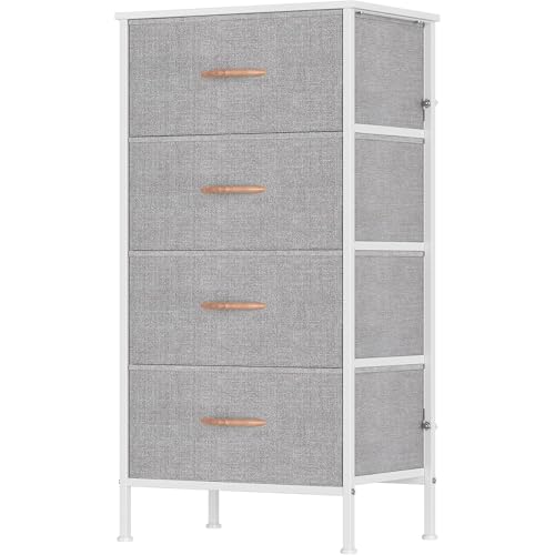 Feonase Chest of Drawers with 4 Fabric Drawers, Large Bedroom Dresser with Wooden Top & Sturdy Metal Frame, Tall Storage Organizer Unit for Bedroom, Living Room (Light Gray)