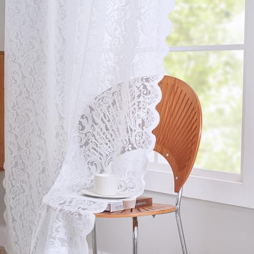 Lace Curtains 63 Inch Length - Vintage White for Bedroom French Country Sheer Floral Privacy Scalloped Heavy Short Window, Rod Pocket Set of 2 52 W x 63 L Inch, White
