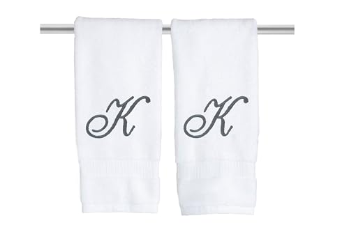 Decorvo White Monogrammed Hand Towels for Bathroom - Luxury Hotel Quality Personalized Initial Embroidered Towel for Powder Room, Spa - GOTS Organic Certified - Set of 2 Dark Gray Letter K