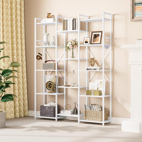 YITAHOME Bookcase, Floor Standing Book shelf with 14 Shelves and Hooks Tall Shelving Unit Display Storage Rack with Stable Metal Frame for Living Room, Home Office, Pure White Bookshelf