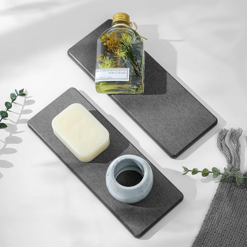 "Razborci 2PCS Bathroom Trays, Water Absorbing Diatomite Stone Quick Drying Mat for Kitchen Counter, Dish Rack Soap Dispenser Sponge Holder Caddy Sink Vanity Organizer, Dark Gray Slate,9""x3.5"""