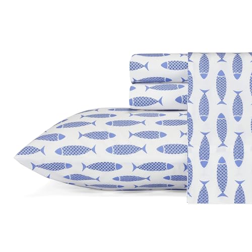 Nautica - Queen Sheets, Cotton Percale Bedding Set, Crisp & Cool, Coastal Bedding Set (Woodblock Fish Blue, Queen)
