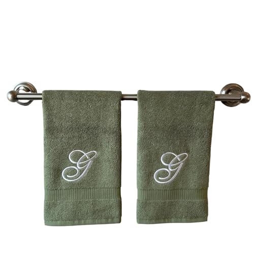 Decorvo Sage Monogrammed Hand Towels for Bathroom - Luxury Hotel Quality Personalized Initial Embroidered Towel for Powder Room, Spa - GOTS Organic Certified - Set of 2 White Letter G