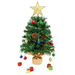 2ft/60cm Small Christmas Tree, Uten Realistic Tabletop Mini Christmas Tree with Real Pine Cones, Red Berries, 50 LED String Lights, 18pcs Christmas Balls, for Desktop Xmas Decoration