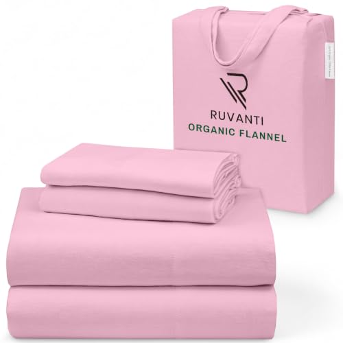 Ruvanti Flannel Sheets Queen Size - GOTS Certified 100% Organic Cotton, 4 Piece Warm, Soft & Breathable Set, Deep Pocket Snug Fit, Double Brushed Cozy All Season Bedding, Soft Pink