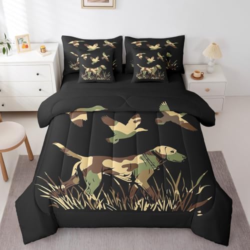 Feelyou Wild Duck Hunting 7 Piece Bedding Set Queen Size for Boys Teens Kids Black Dog Hunter Comforter Set with Sheets Hunter Green Army Camouflage Farmhouse Theme Bed in a Bag Home Decor