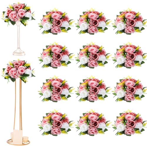 Hotop 12 Pcs Flower Balls Wedding Rose Centerpieces Silk Flower Kissing Balls Arrangement Artificial Hydrangea Flower Bouquet Faux Rose Floral Decoration (Dusty Pink, Pink, White)