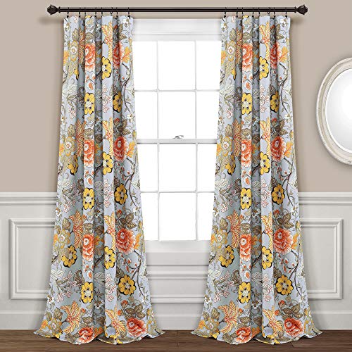 "Lush Decor Gray and Green Light Sydney Curtains - Floral Garden Room Darkening Window Set for Living, Dining, Bedroom Long x 52” Wide, 84"" L Panel Pair"