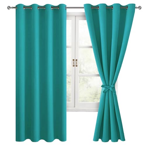 Hiasan Blackout Curtains for Bedroom, 52 x 63 Inches Length - Thermal Insulated & Energy Saving Window Curtains for Living Room, 2 Drape Panels Sewn with Tiebacks, Peacock Teal