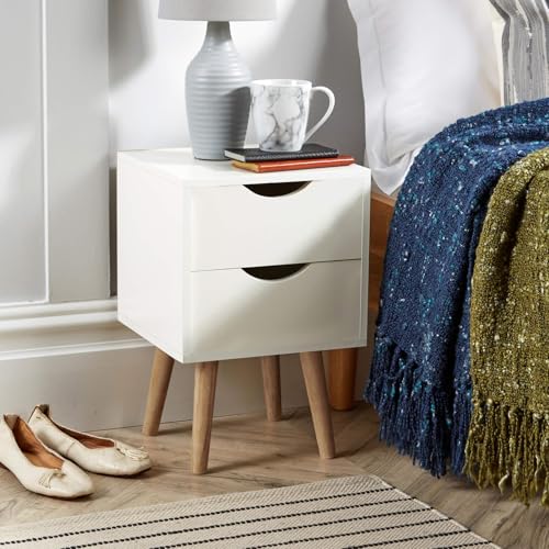 Home Source Bedside Cabinet 2 Drawer White Lamp Side Table Solid Wood Legs, Scandi Style
