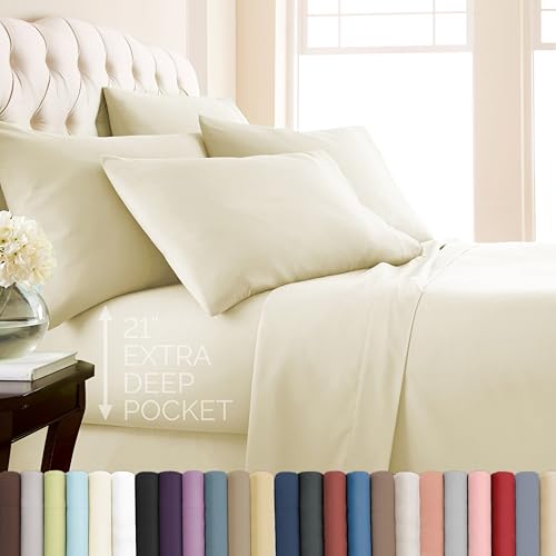 SouthShore FINE LIVING Vilano Springs, 6-Piece, 21-in Extra Deep Pocket Sheet Set, Premium Quality, Easy Care, Shrinkage Free Sheet Set with 1 Flat Sheet, 1 Fitted Sheet, 4 Pillowcases, Cream, Full