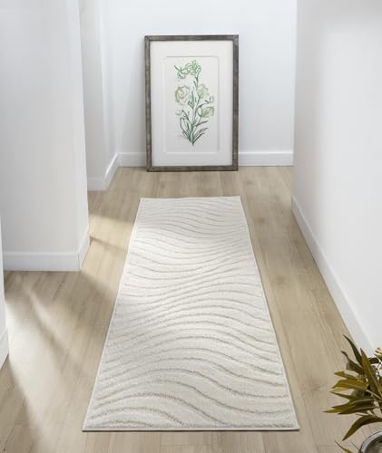 Rugs by Desire Aya Living Room Rug – Soft 12mm Cut-Shrink Pile, Non-Shedding, Jute Backing – Modern Wabi Sabi, Wave, Cubed, and Stripe inspired patterns – Indoor Area Rug, Cream, 60x220 cm