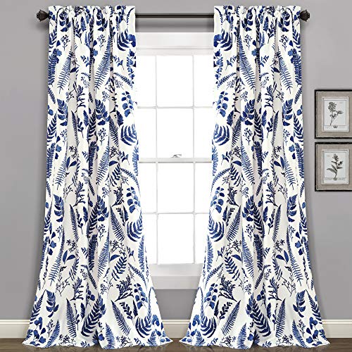 "Lush Decor White-and-Navy Devonia Room-Darkening Window Curtain Set (95"" x 52"")"