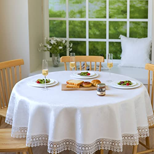 BrekSdat White lace Premium Round Farmhouse Tablecloth Waterproof OilProof SpillProof AntiShrink Soft Wrinkle Resistant Decorative Fabric Table Cover Kitchen Dinning Party Wedding Banquet