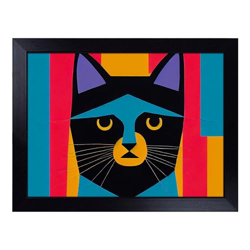 Lap Tray with Bean Bag Cushion, Abstract Cat - Handmade in the UK, Raised Wooden Edge, Padded Cushion, Heat-Resistant Wipe-Clean Surface, for Meals, Laptops and Crafts