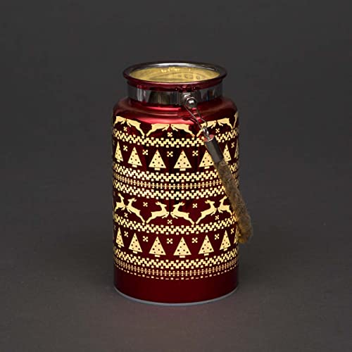 SHATCHI 16cm Christmas Decorated Jar Table Lamp Etched Glass Tube Skandi Design Red Lantern LED Fairy Lights Battery Operated
